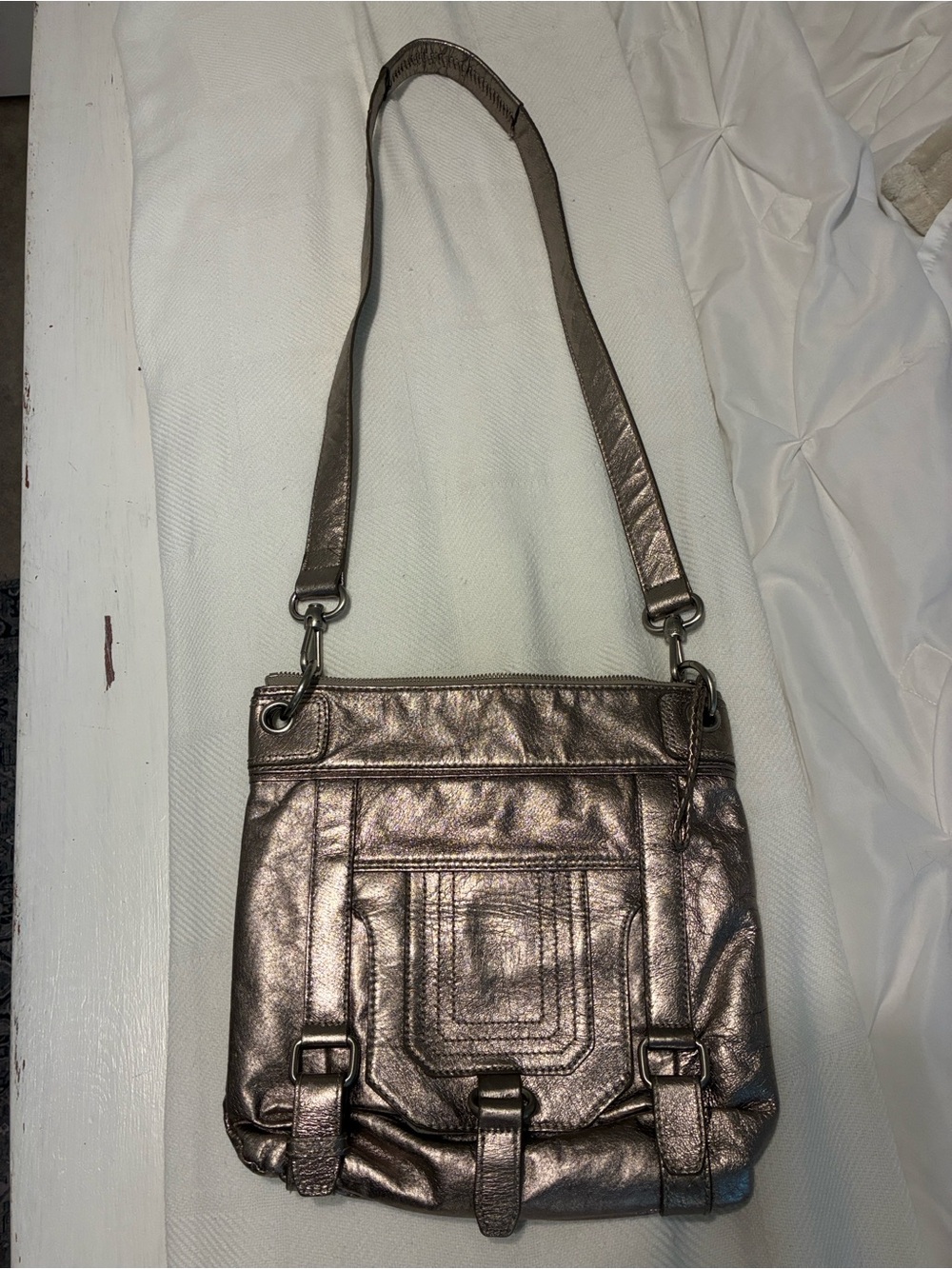 Metallic Crossbody Shoulder Bag in Pewter, with magnets on the back.